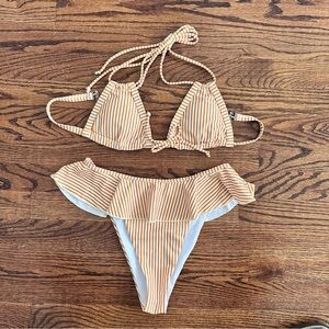Orange Striped Bikini Set, triangle top, high cut bikini, Ruffles, Size M